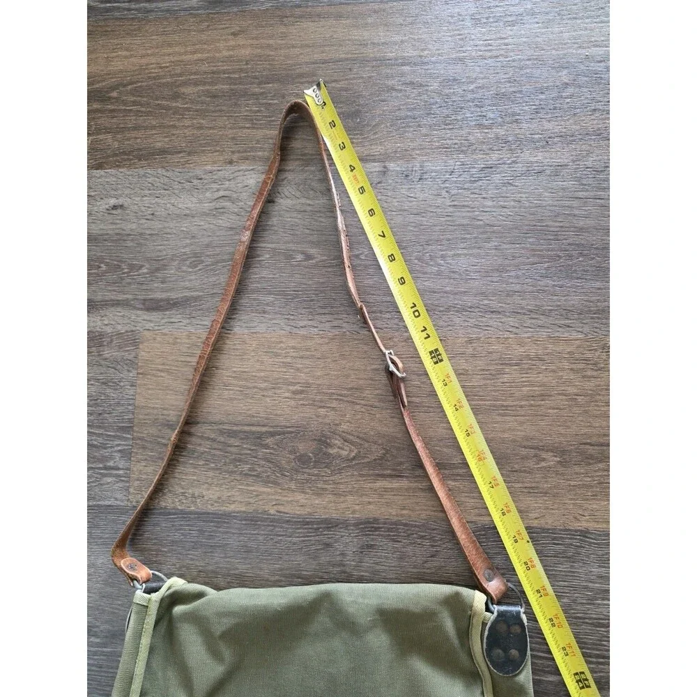 Vintage Military Green Army Canvas Messenger Tote Bag Leather Strap Buckle READ